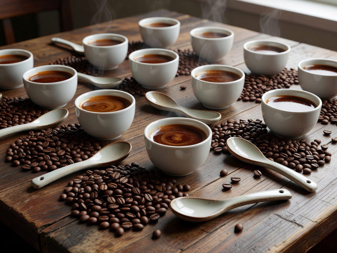 Coffee Cupping Table with Ceramic Spoons and Freshly Roasted Beans