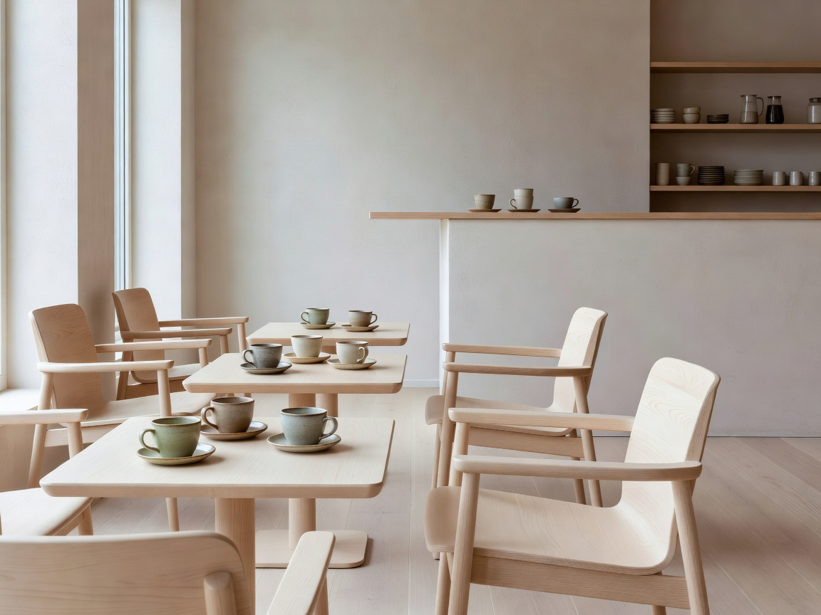 Contemporary Danish Coffee Interior with Ceramic Cups and Pale Wood Furniture