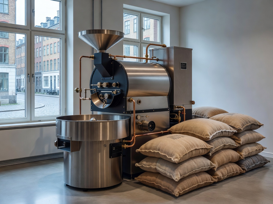 Professional Coffee Roaster Machine and Green Bean Bags in Copenhagen